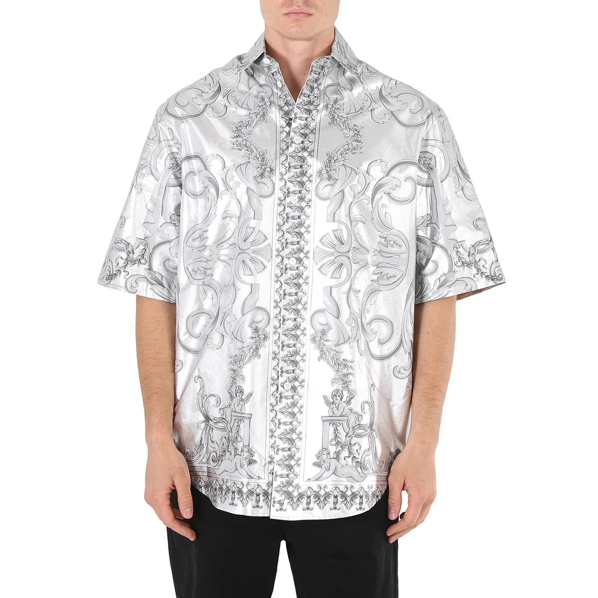Рубашка из шелка с барочным принтом Versace, Silver/Black