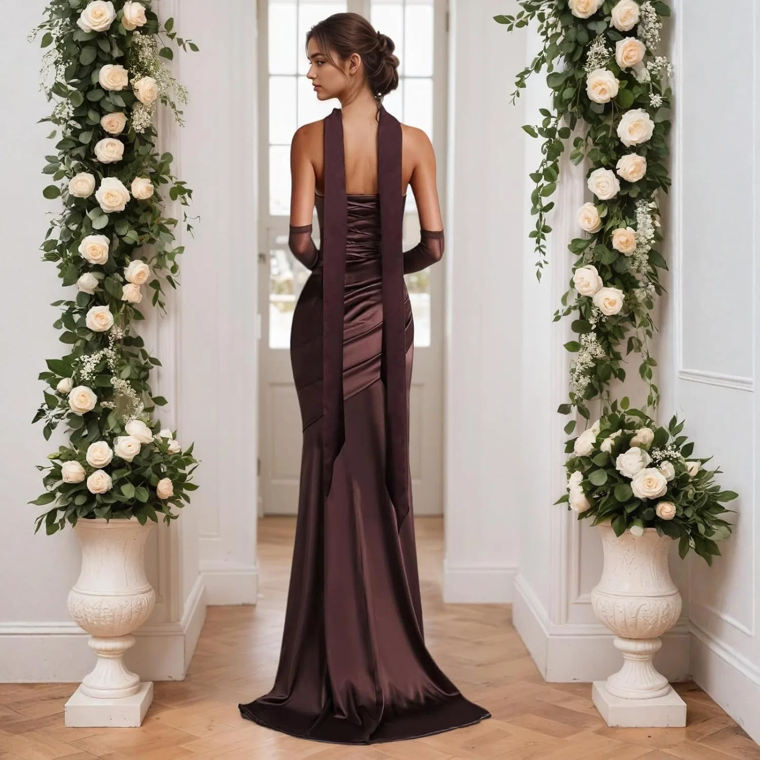 Женское вечернее платье в пол с открытыми плечами Satin, Sage Green — фото 2