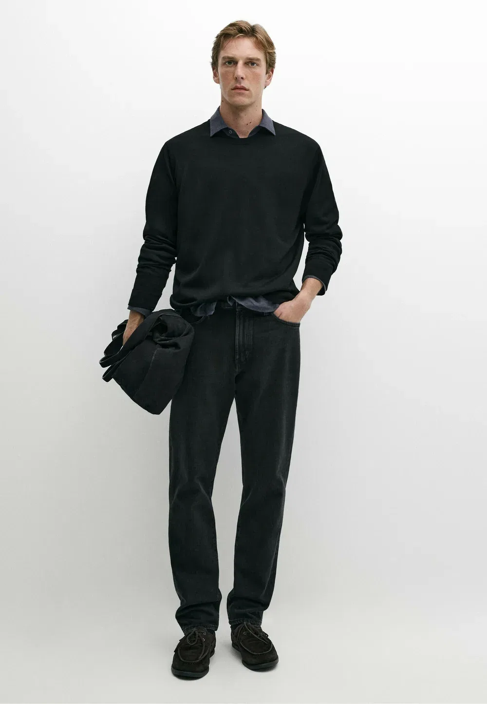 Вязаный свитер с круглым вырезом из 100% мериносовой шерсти Massimo Dutti, Black — фото 2