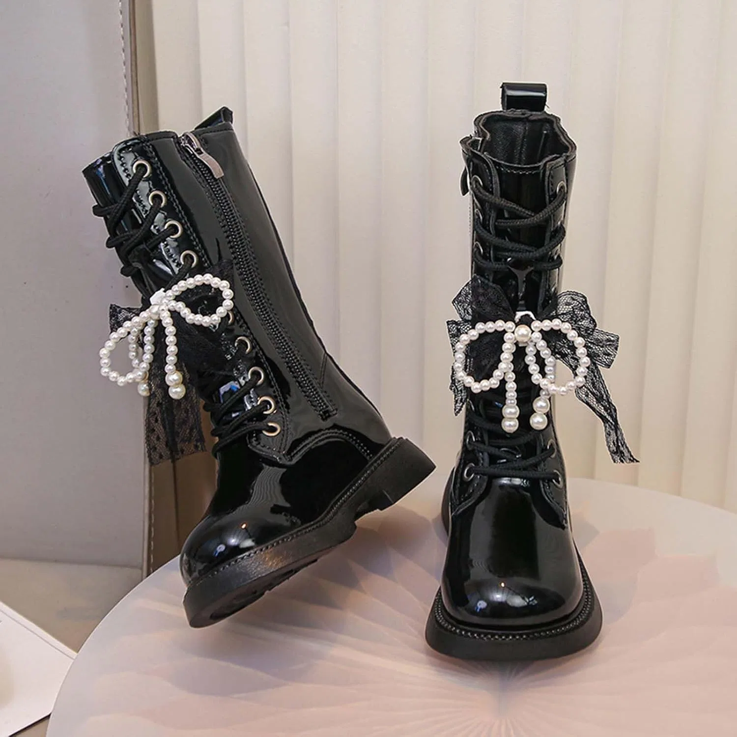 Детские ботинки для девочек с бантом на молнии, модель Punk Goth, Black — фото 3
