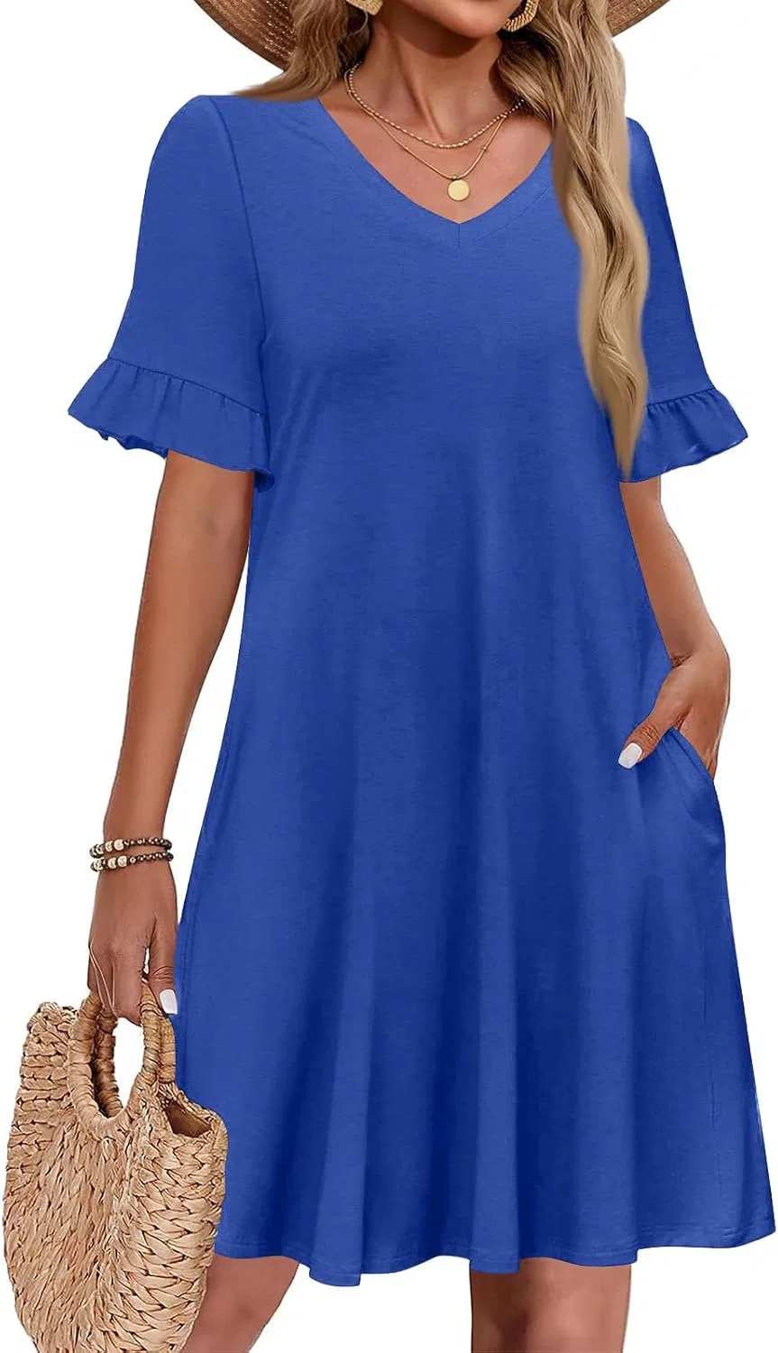 Женское летнее платье А-силуэта короткое V-образным вырезом, Royal Blue