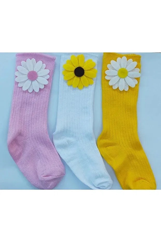 Детские носки для девочек с принтом ромашек комплект 3 пары Özkardeşler Baby, Pink White Yellow
