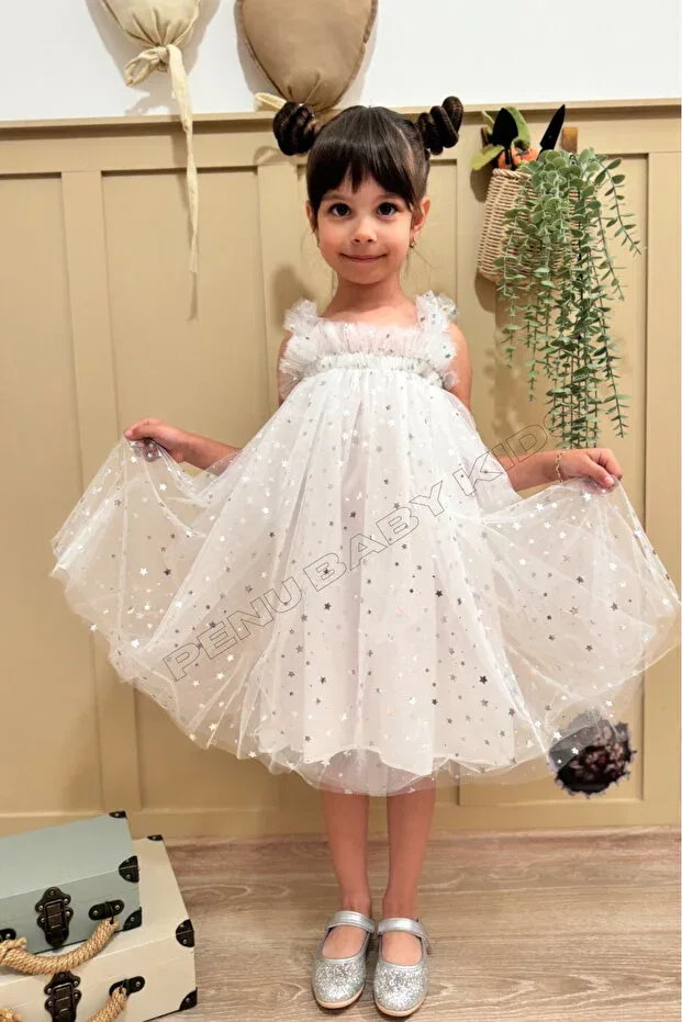 Детское платье для девочек с принтом White strap star printed tulle sleeveless girl's baby girl dress Penu Baby Kids, White — фото 2