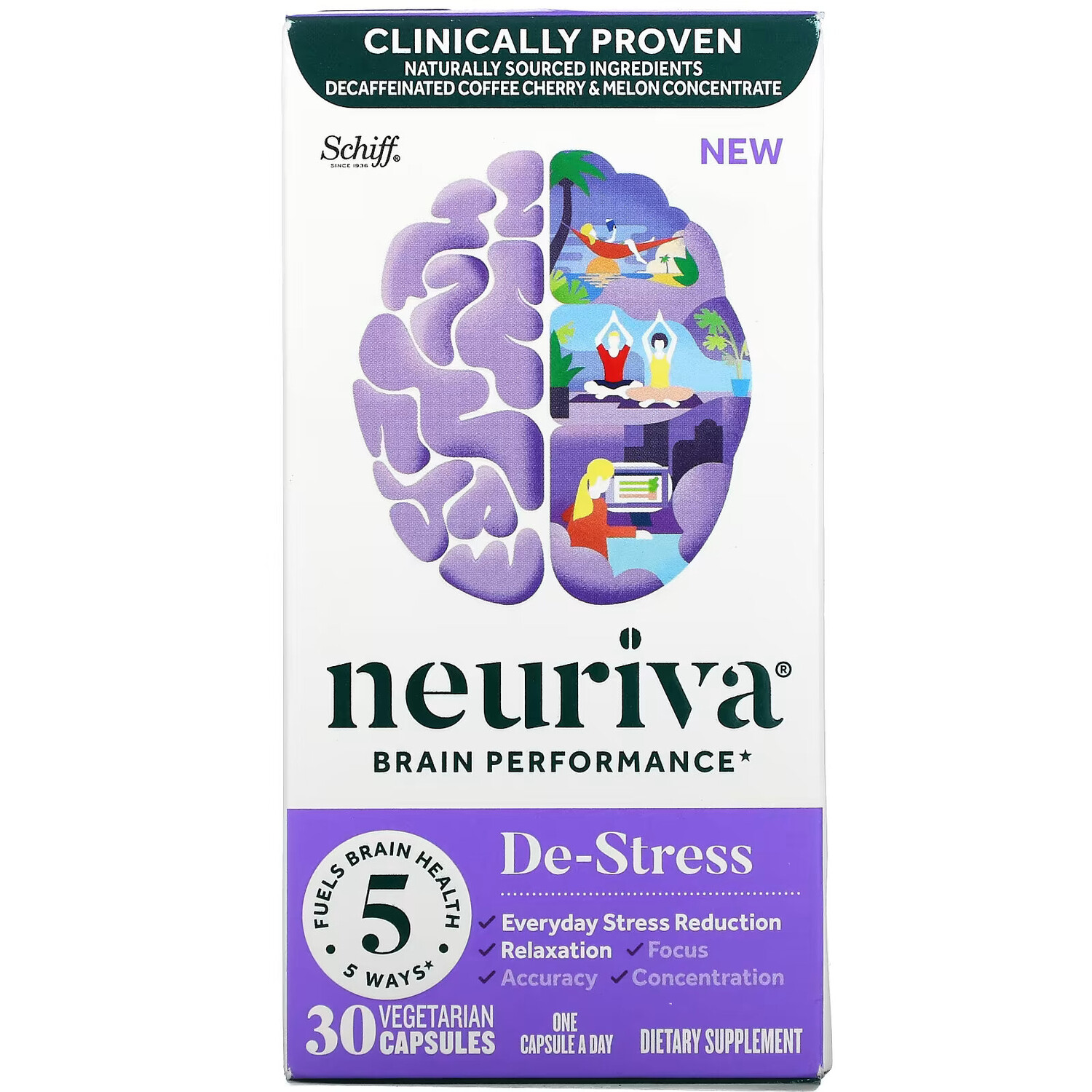 

Schiff, Neuriva Brain Performance, De-Stress, 30 вегетарианских капсул