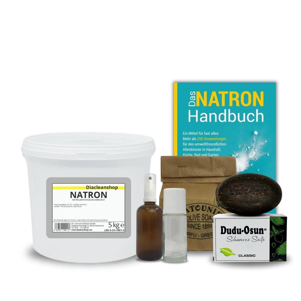 Набор для DIY Сода и Мыло, DIACLEANSHOP, 5 кг соды, 2×140 г мыла Patounis, 150 г мыла Dudu-Osun, книга, флаконы