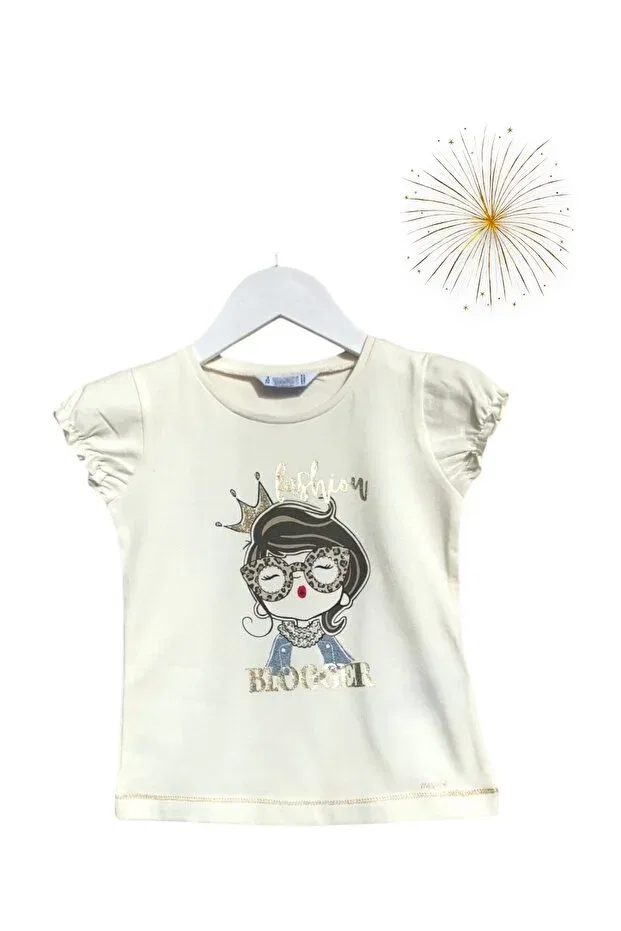 Детская футболка для девочек с принтом Girl's Shiny Stone Embroidered Fancy Girl Print Little Tortoise, Multicolor — фото 2