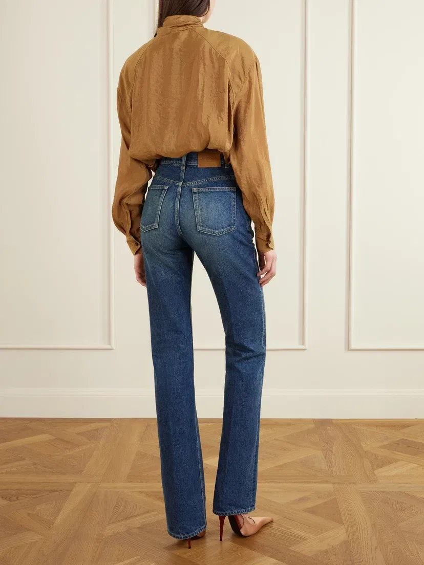 Блузка из жатого тафты с бантом жабо SAINT LAURENT, коричневый — фото 4