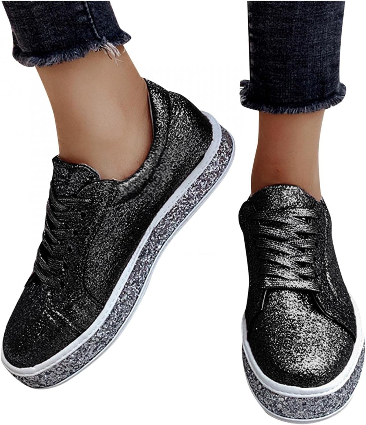 

Модные кроссовки Hbeylia на платформе с блестками и пайетками, с шнуровкой, массивной подошвой, на низком ходу, удобные для ходьбы, стильные кожаные осенние кеды низкие, из ткани для женщин, девушек, невесты, для свадьбы и вечеринки, черный