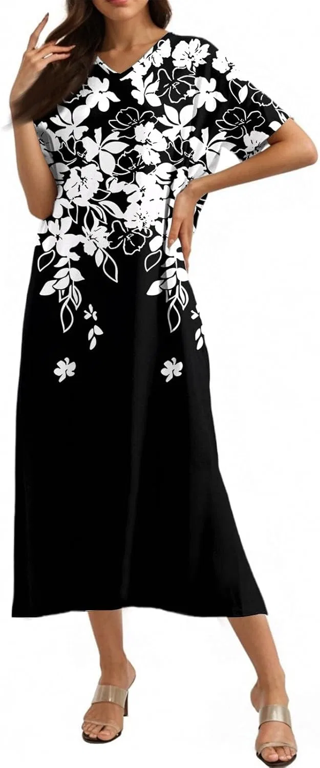 Женское летнее платье макси с V-образным вырезом из льняного хлопка Casual Boho, Black — фото 4