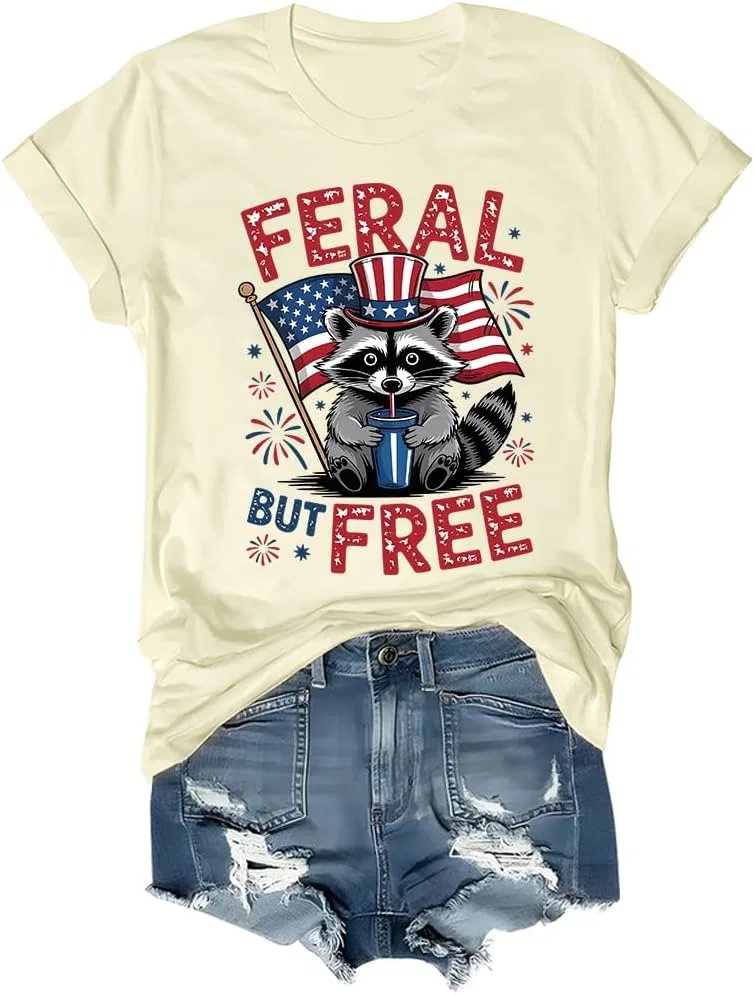 Футболка с принтом енота Raccoon Feral But Free, Creamy Yellow