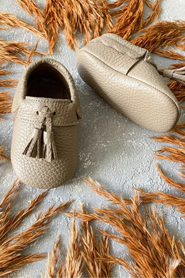 Детские тапочки из натуральной кожи для мальчиков Bony Mink Genuine Leather First Step Shoes Li Puna, Taupe — фото 3