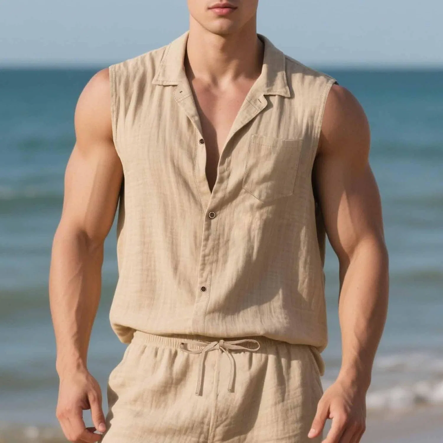 Мужская хлопковая майка без рукавов, хаки — фото 2