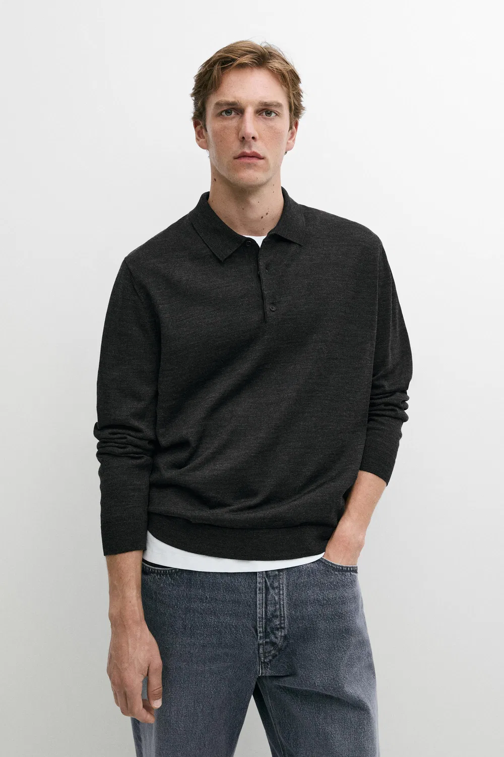 Поло-свитер Massimo Dutti 100% Merino Wool Knit, угольно-серый