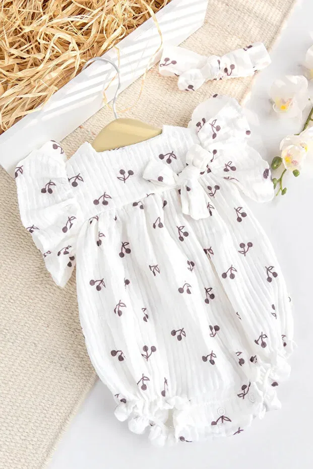 Детский комбинезон для девочек хлопковый Muslin Cherry Patterned Babymod, Cream