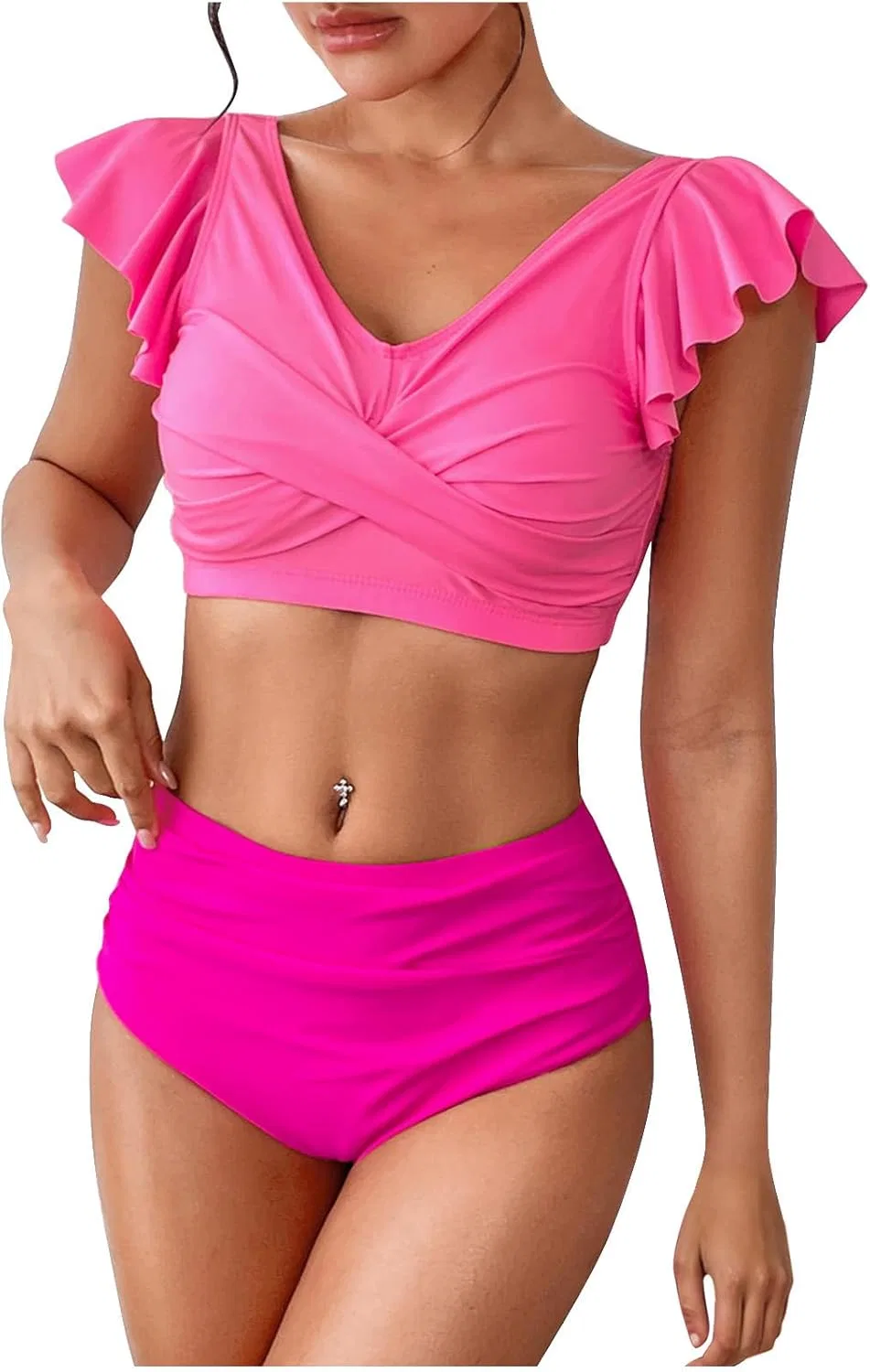 Женский бикини-комплект с завышенной талией и рюшами, Hot Pink