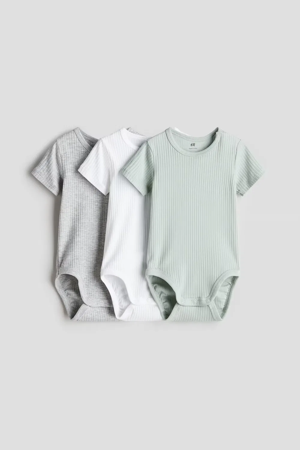 Комплект из 3 ребристых хлопковых боди H&M, Light Dusty Green/Light Grey