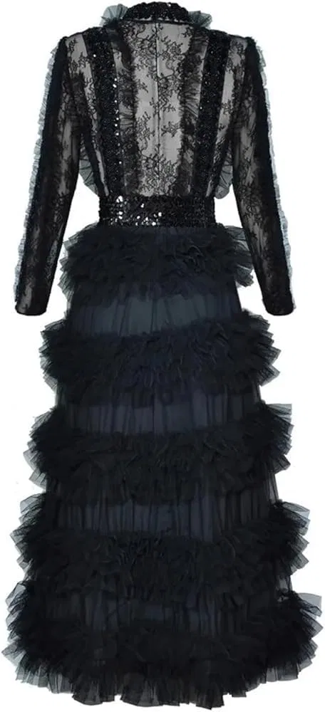 Женское вечернее платье с пайетками, модель Beading Sequins Mesh, чёрный — фото 3