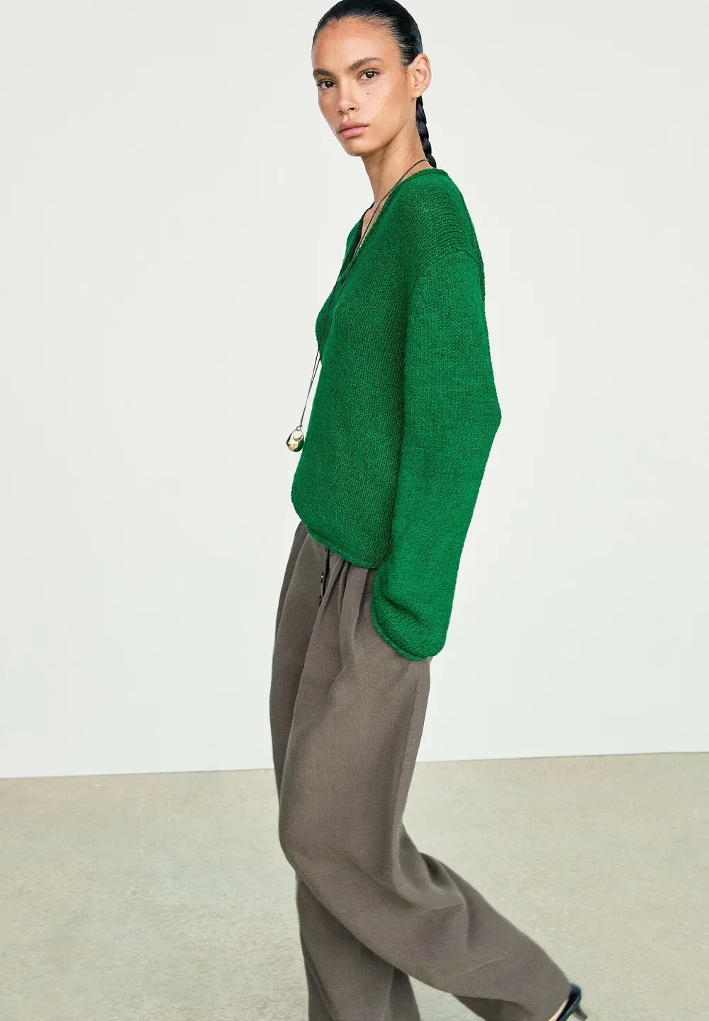 Вязаный свитер из смесовой хлопковой ткани Massimo Dutti, Mottled Dark Green — фото 4