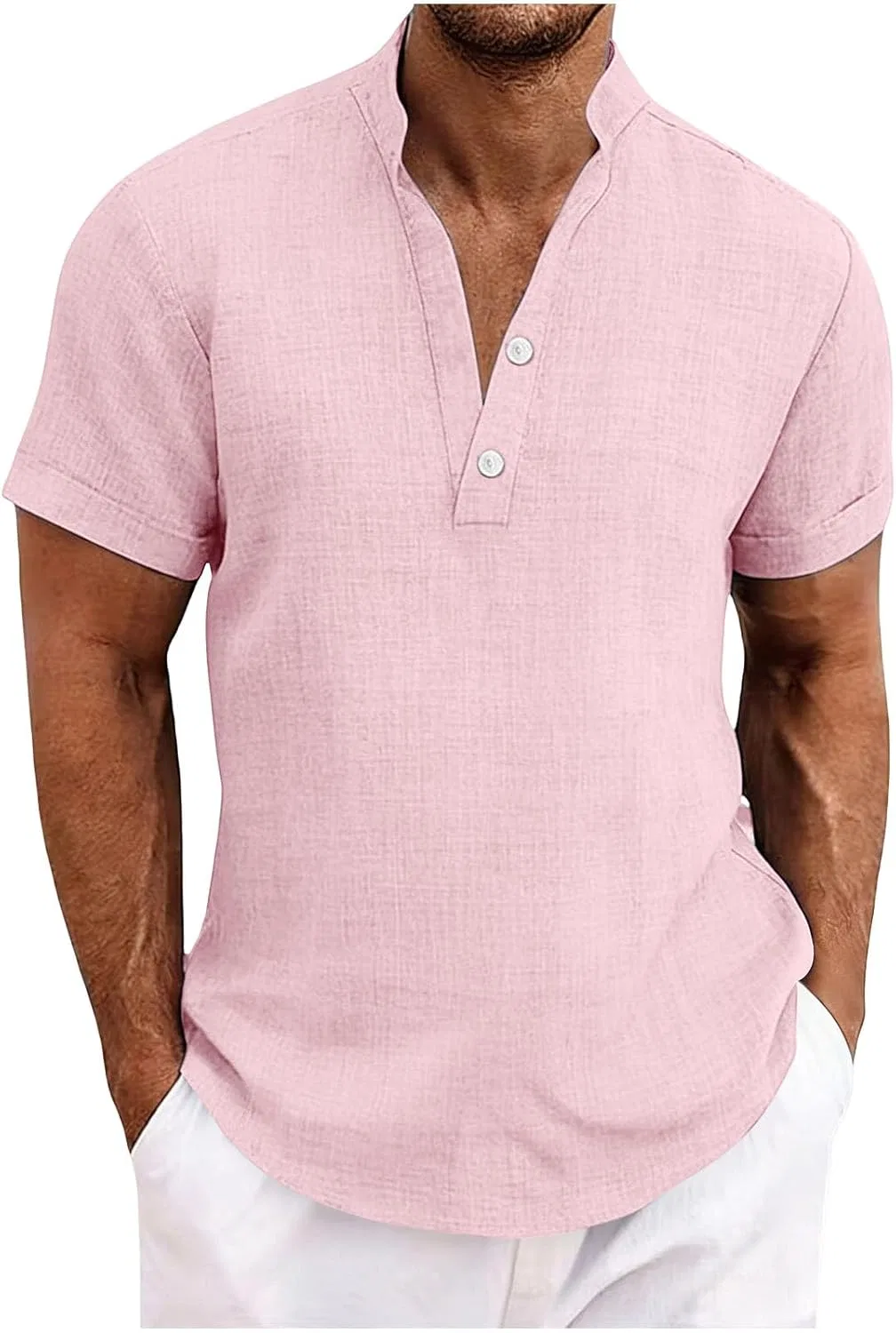 Мужская хлопковая рубашка-поло с воротником-стойкой Solid Color, Pink