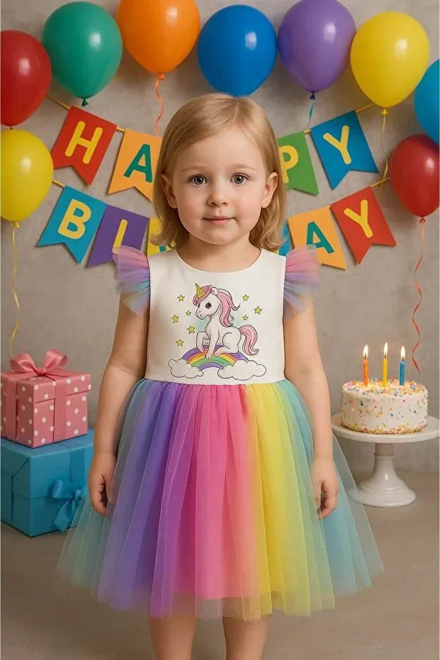Детское платье для девочек с принтом Unicorn Printed Tulle Falcomini, Ecru
