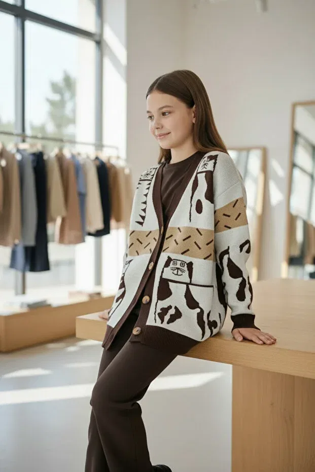 Детский кардиган для девочек с принтом Cat Printed Minimoda Kids, Beige — фото 2