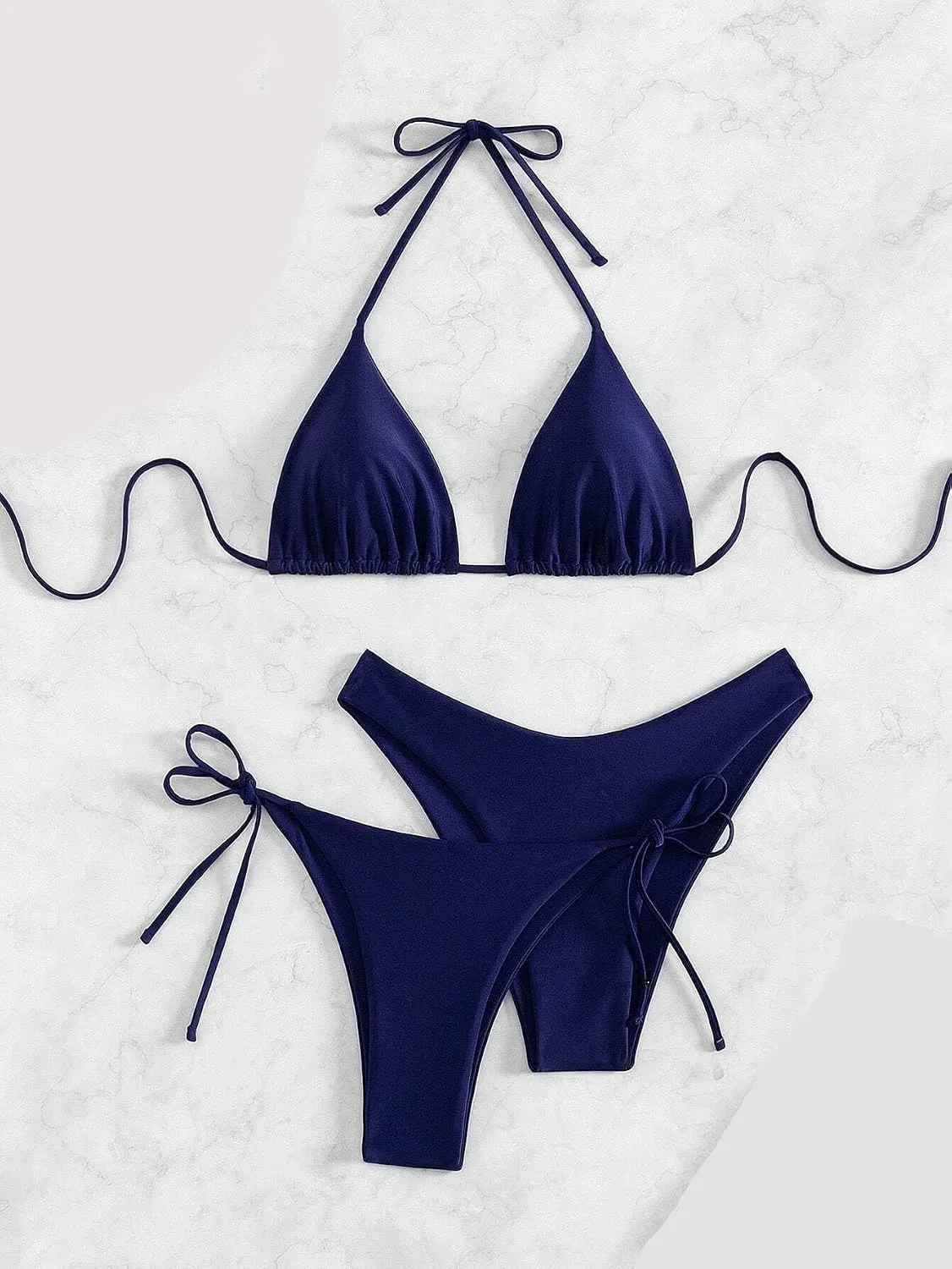 Женский 3-предметный бикини-сет с высокой талией Halter, Navy Blue — фото 3
