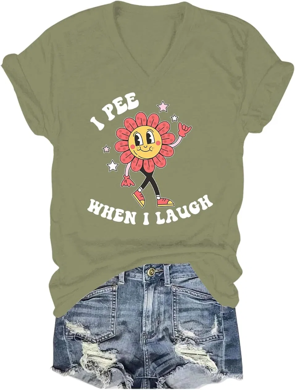 Женская футболка с принтом V-образным вырезом I Pee When I Laugh, Green