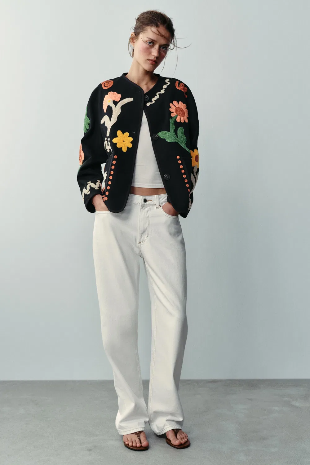 Куртка с цветочной вышивкой ZARA, Black