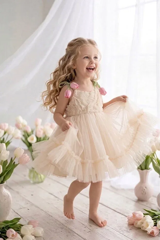Детское платье для девочек хлопковое 3d floral sling dress Alyra, Nude Color