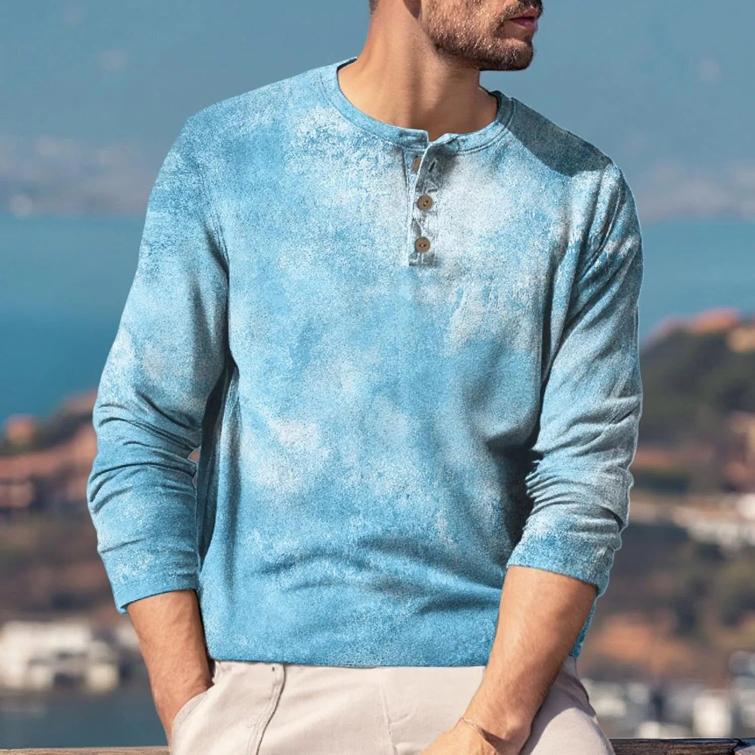 Мужская классическая футболка с длинным рукавом Henley, Sky Blue — фото 2