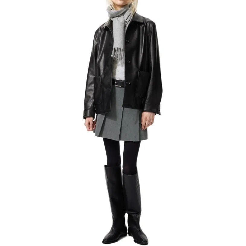 Женская кожаная куртка с лацканами UNIQLO, Черный — фото 4