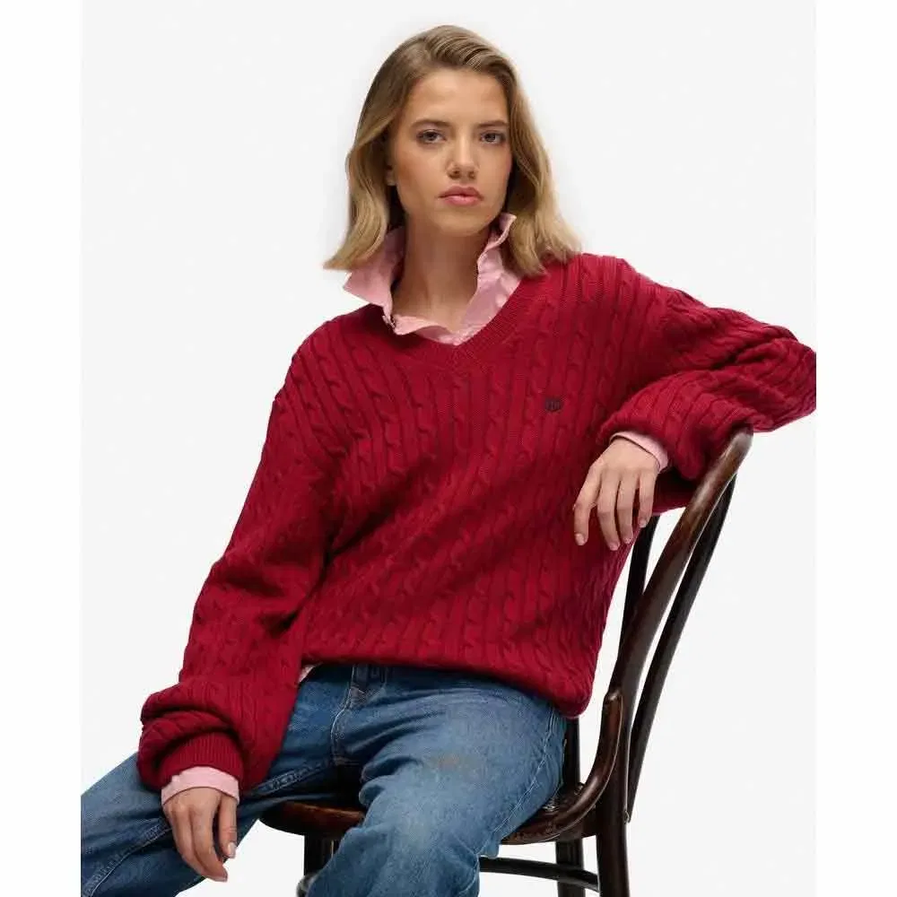 Свитер Oversized Cable V-neck Superdry, красный — фото 4