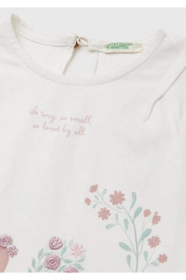 Детское платье-футболка с принтом Water-based Printed Embroidered Kimono Sleeve United Colors Of Benetton, White — фото 3