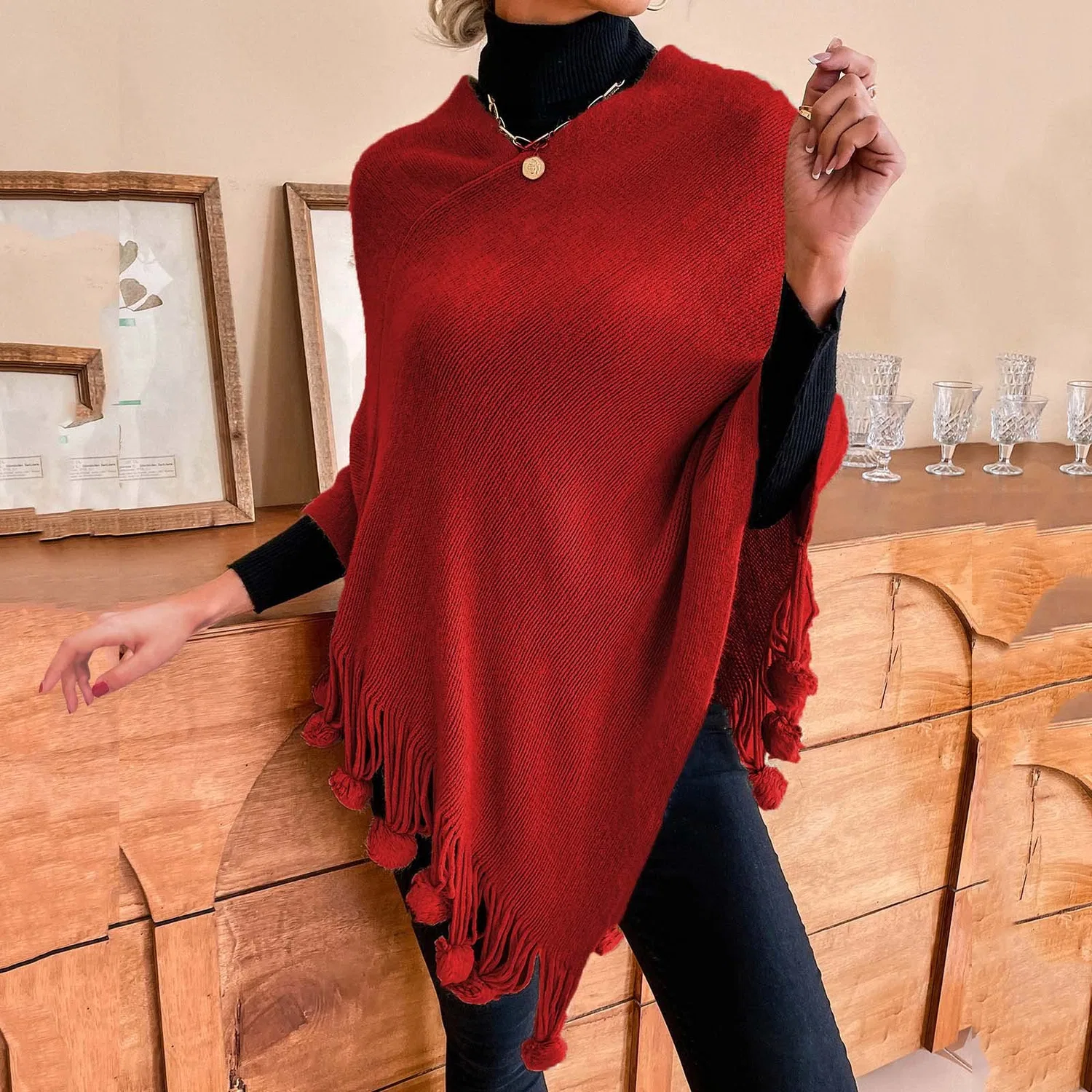 Женская шаль-свитер с бахромой Ballet Sweater Wrap, Red — фото 2