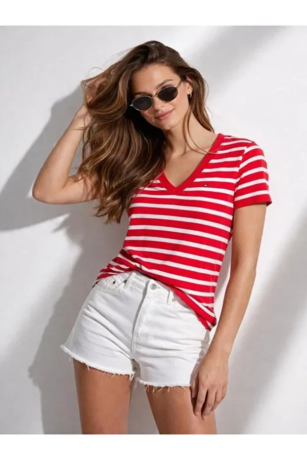 Женская футболка с коротким рукавом Slim fit v - neck organic cotton t-shirt Tommy Hilfiger, Red — фото 3