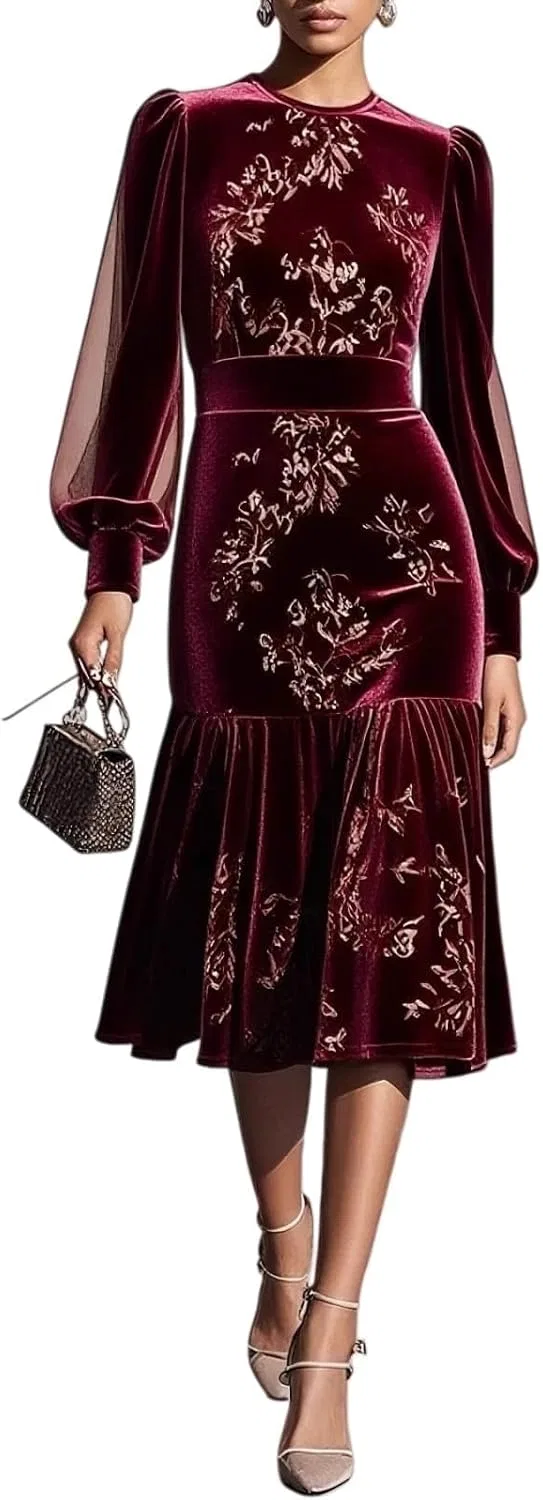 Женское облегающее платье с цветочным принтом, Wine Red