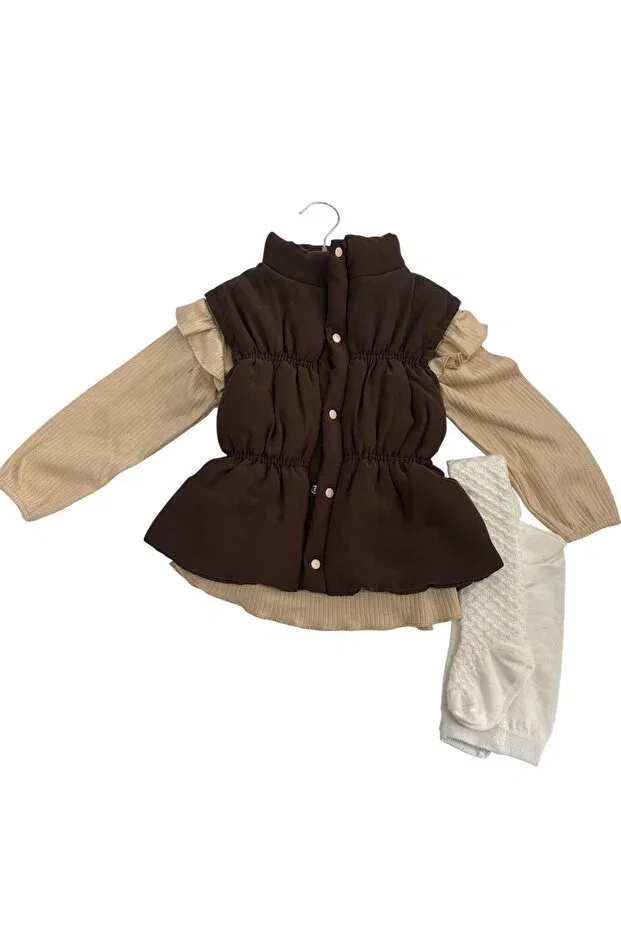 Детский комплект для девочек с принтом Plaid Skirted Pantyhose Vest Set Holiday Jikko Baby, Brown — фото 3