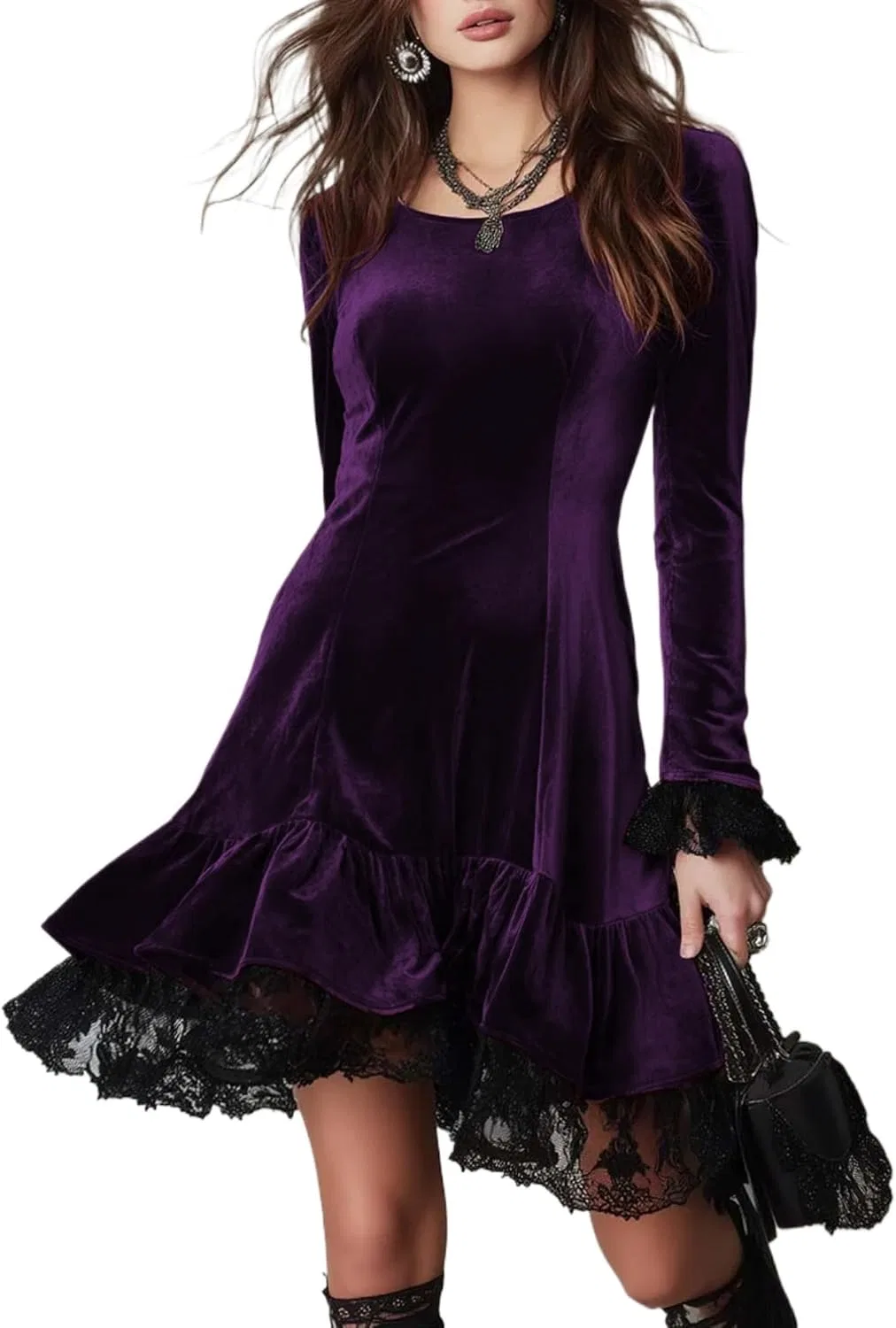 Женское бархатное платье с кружевной отделкой Round Neck, Purple