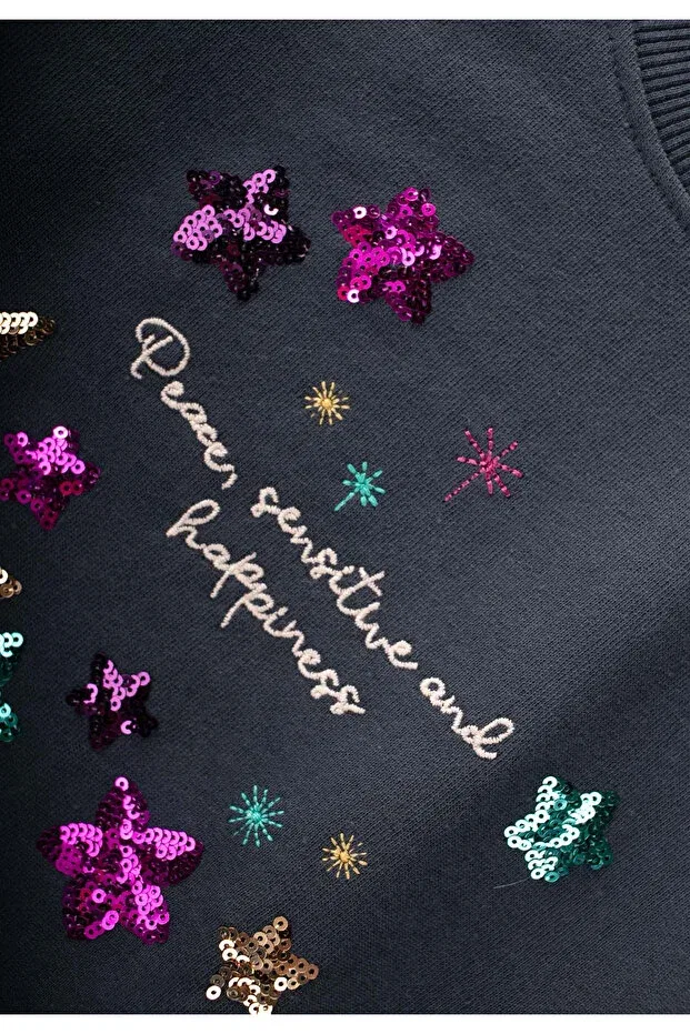Детские свитшот для девочек с принтом Sequin Moon Star Embroidered Cigit, Anthracite — фото 3