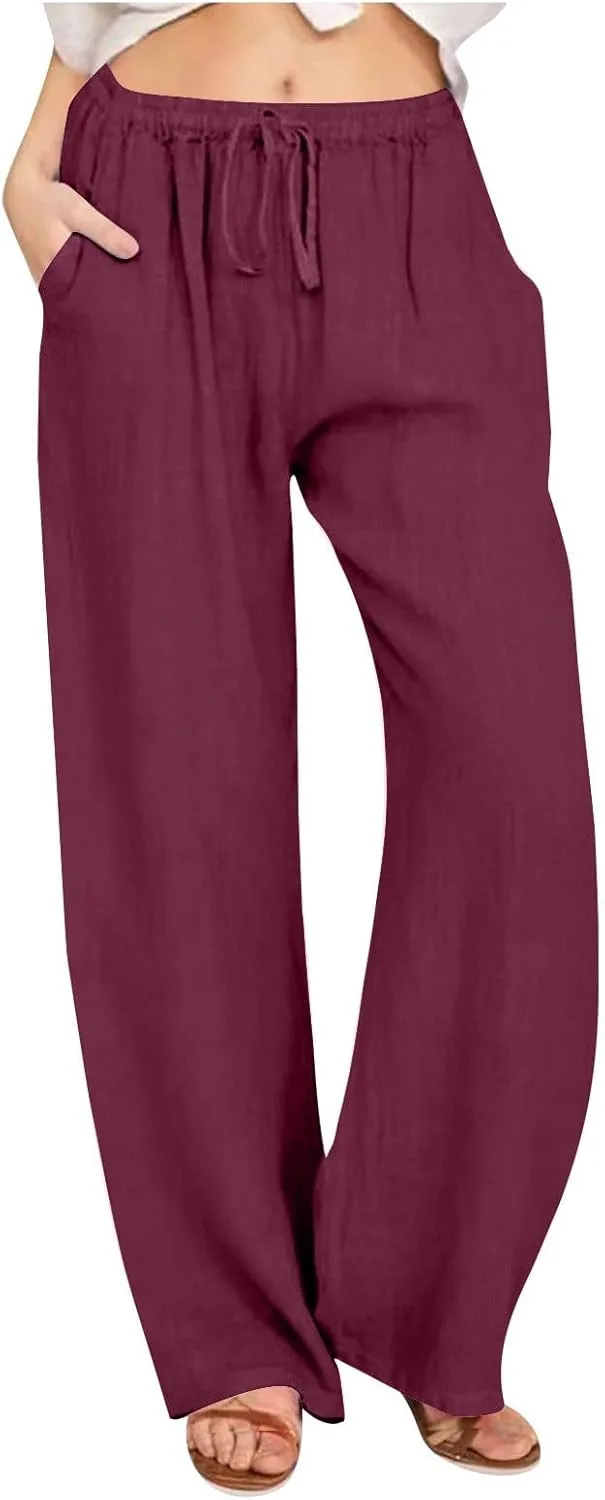 Женские льняные брюки Casual Palazzo, весна-лето, высокая талия, широкие штаны с карманами для пляжного отдыха Generic, розовый