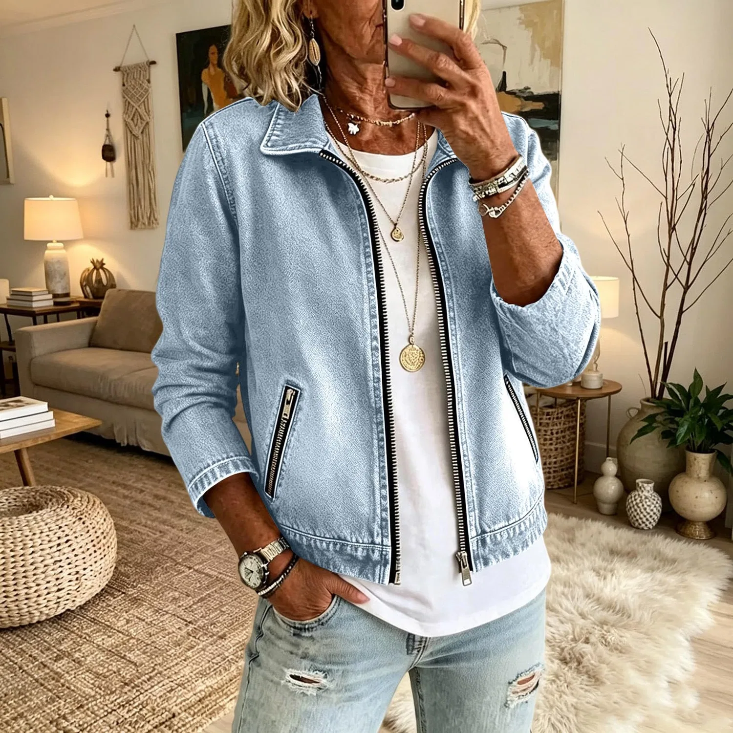 Женская джинсовая куртка с длинным рукавом, модель Uk invecchiato lavato boyfriend jeans, Azzurro 1 — фото 2