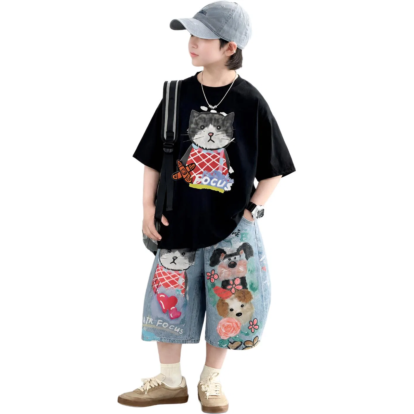 Детский спортивный комплект из двух предметов с круглым вырезом, MADALLO, Black Two-Piece Set