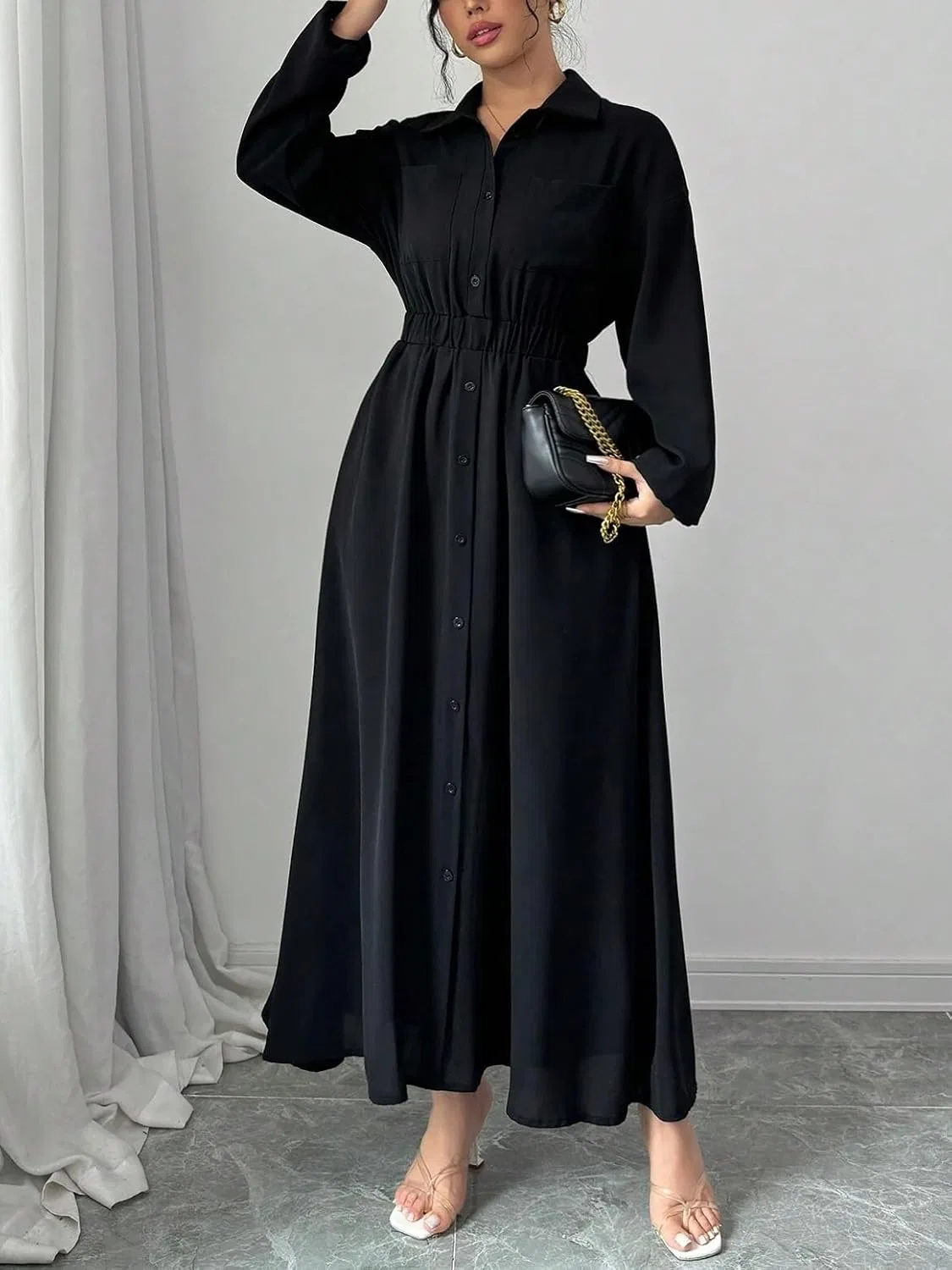 Женское платье-рубашка свободного кроя с длинным рукавом, Black — фото 2