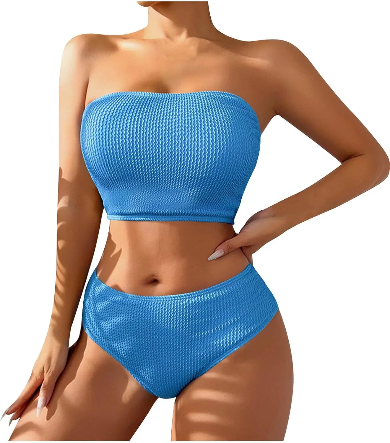 Женский бандо-бикини с текстурированным топом, High Waisted, Blue