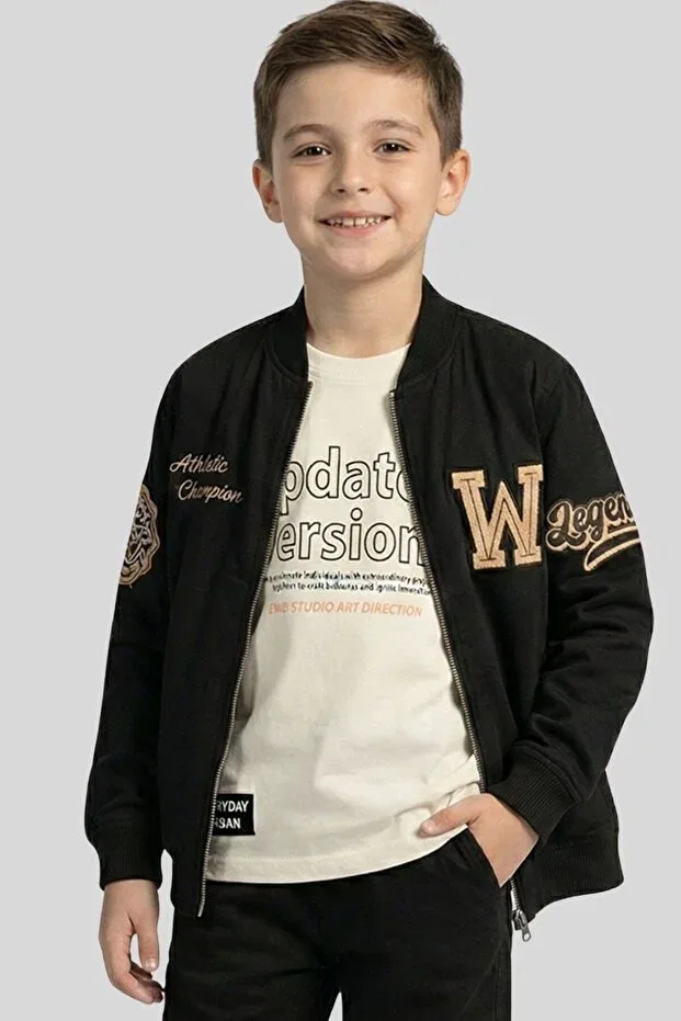 Детская куртка-бомбер для девочек с принтом Embroidery detailed college bomber jacket style for stylish kids Ww Waka Waka Kids Store, Black