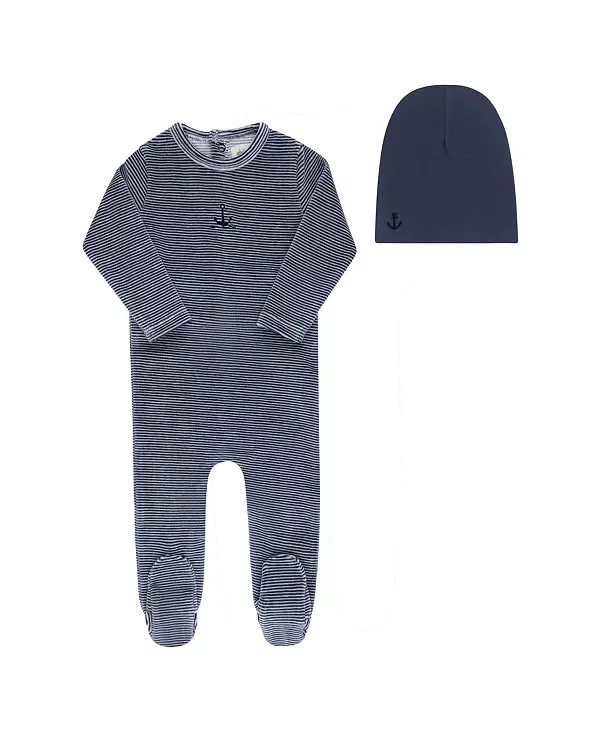 Детский комбинезон для сна с длинным рукавом Unisex velour stripe collection footie + beanie Ely'S & Co., темно-синий