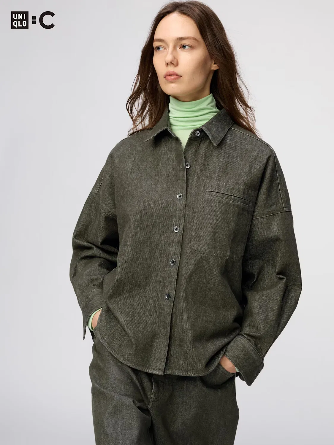 Рубашка Uniqlo, свободный крой, оливковый