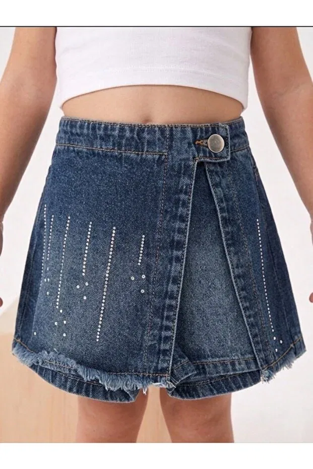 Детские шорты-юбка джинсовые с отделкой камнями Basics Escabel, Navy Blue