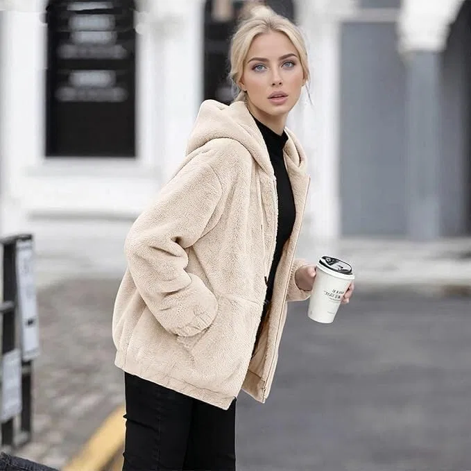 Женская куртка с флисом и капюшоном, с принтом, Winter Fleece Hooded Jackets, Beige — фото 3