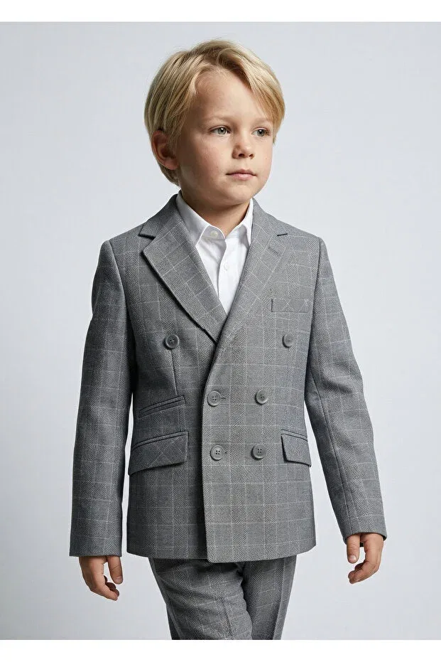 Детский для девочек пиджак с принтом Boy'S gray plaid patterned wide collar half patterned lined double-breasted sports blazer jacket Micio, Gray